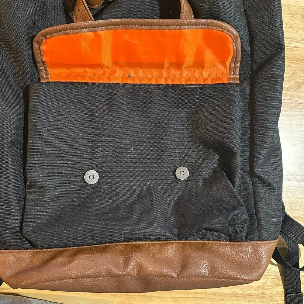 BENRUS Drawstring Backpack Black Brown Faux Leather Trim Vintage Military EUC